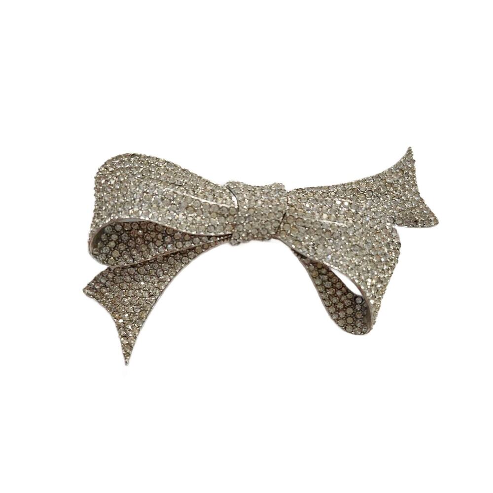 Art Deco Crystal Encrusted Bow Ribbon Brooch by Marvella, Signed, 4" Wide